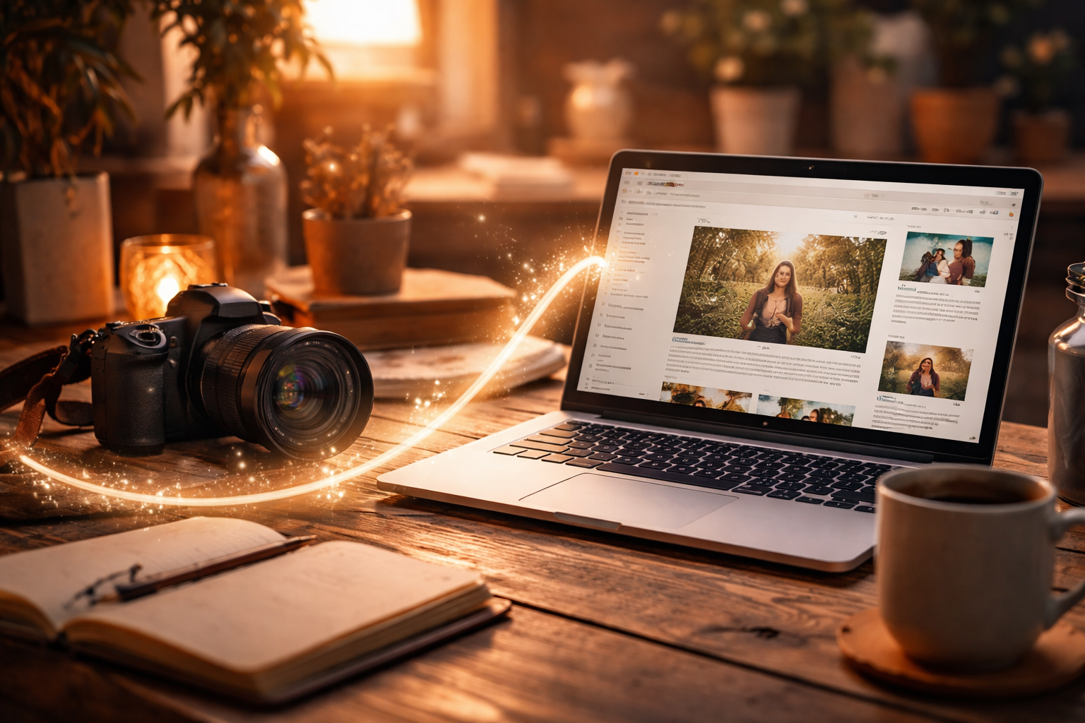 blogging-for-photographers-seo-content - Bodin Media - Bodin Media Photographer workspace with camera and laptop showing blog content with soft glowing light representing blogging for photographers and long term SEO visibility