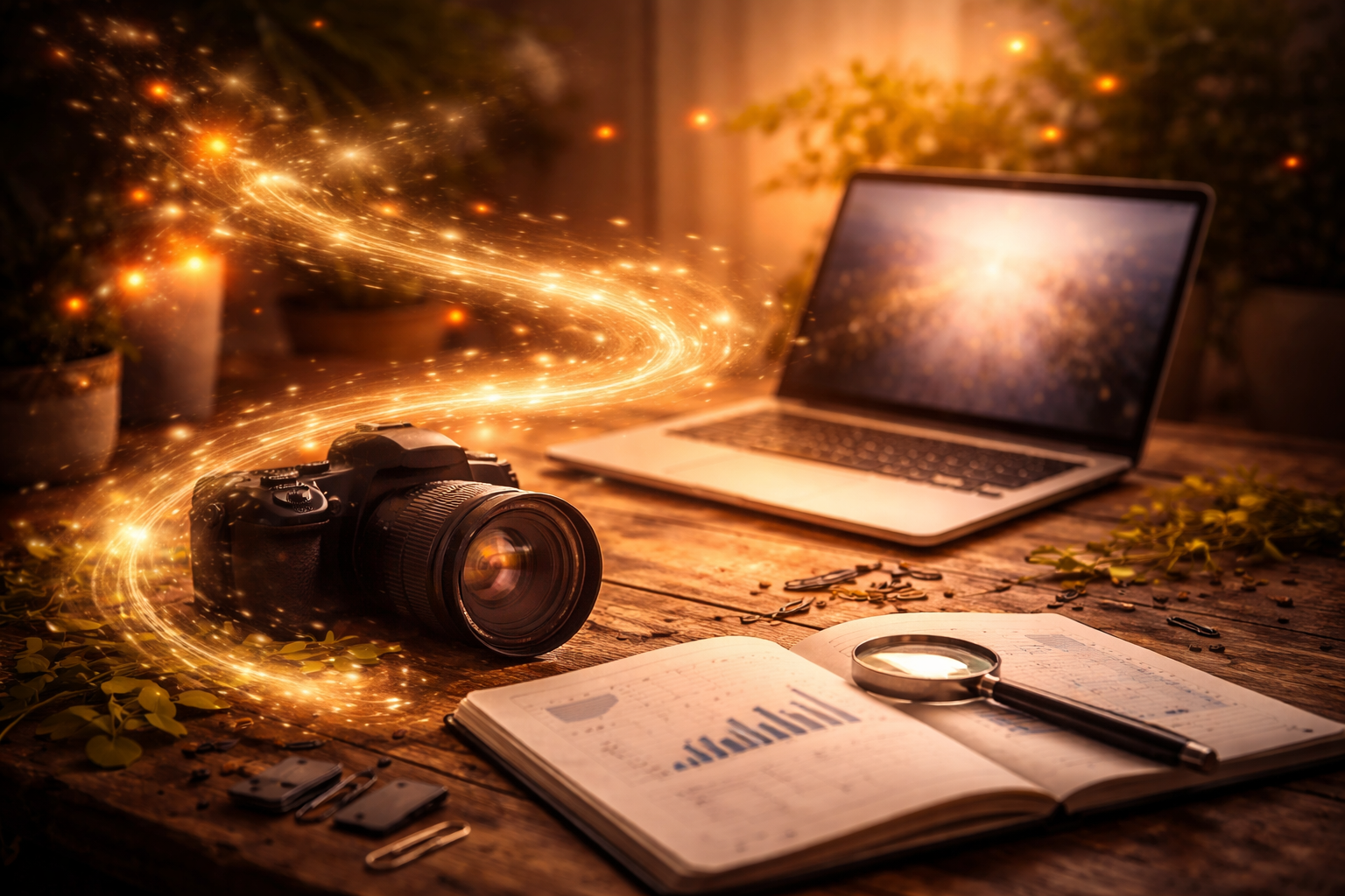 seo-for-photographers-featured-image-horizontal - Bodin Media - Bodin Media Photographer workspace with camera, laptop, and glowing light flowing across the desk representing SEO for photographers and long term visibility