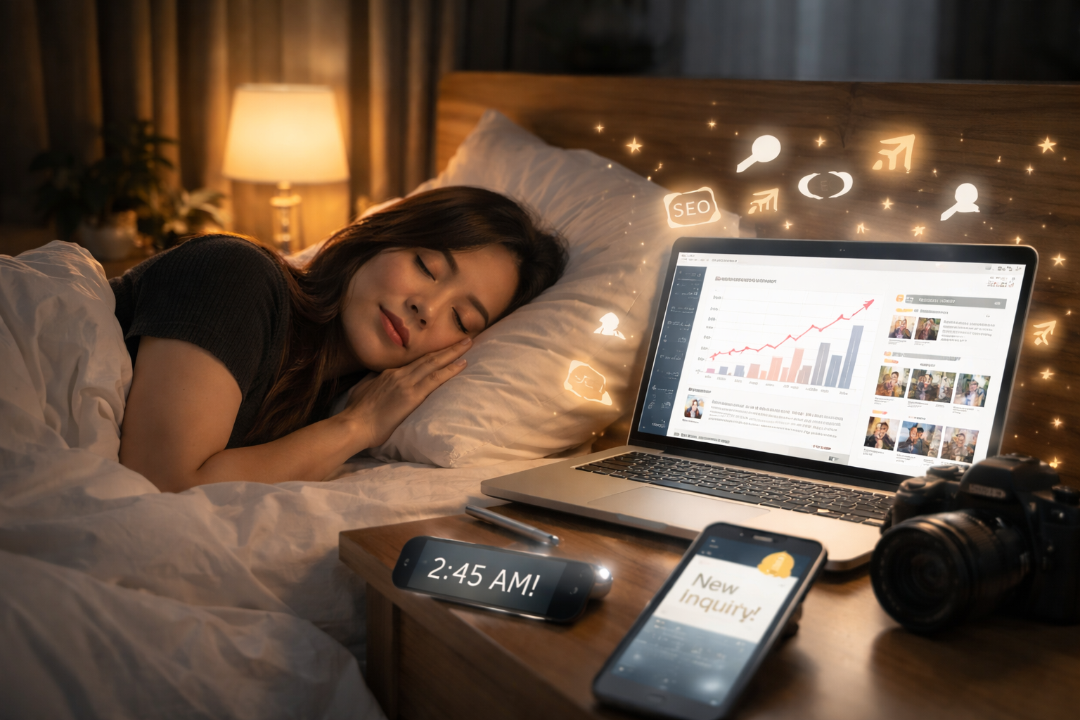 seo-for-photographers-works-while-you-sleep - Bodin Media - Bodin Media Sleeping photographer beside a laptop with analytics on screen, showing how SEO can bring enquiries in overnight