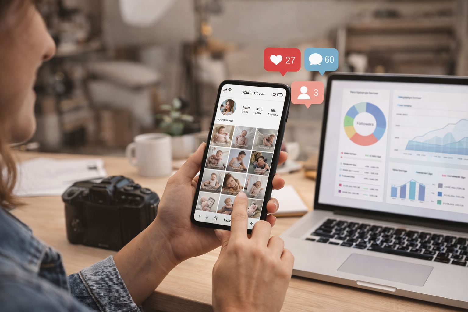 Small business photographer managing social media on a smartphone with analytics on a laptop, representing website help and social media marketing support