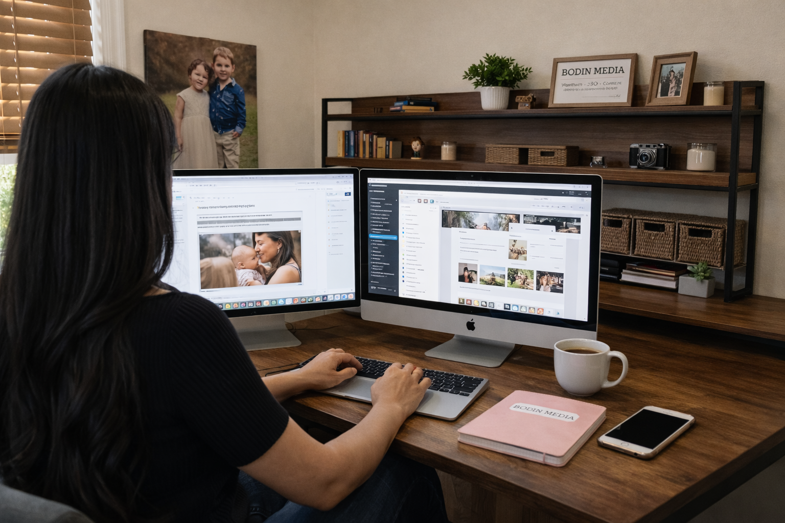 Over the shoulder view of a small business owner building a photography website on dual monitors in a home office, representing website help and digital marketing support