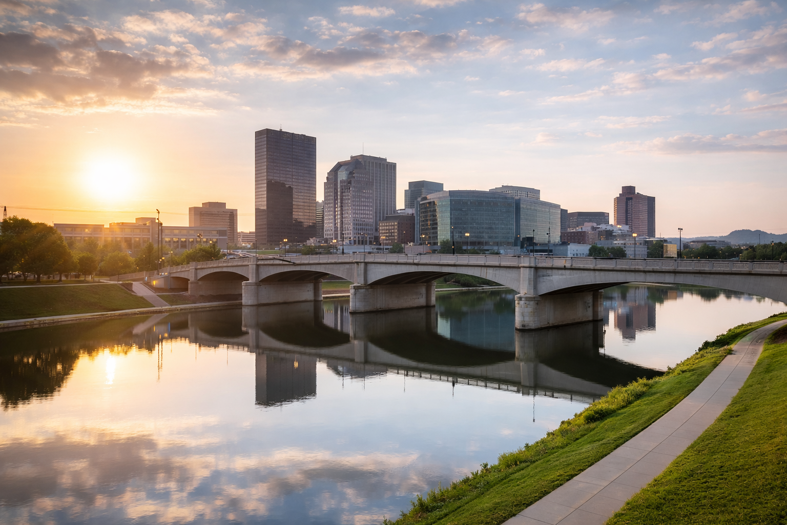 Dayton, Ohio skyline at sunset, representing Bodin Media's local roots and step-by-step process for businesses in Dayton and beyond
