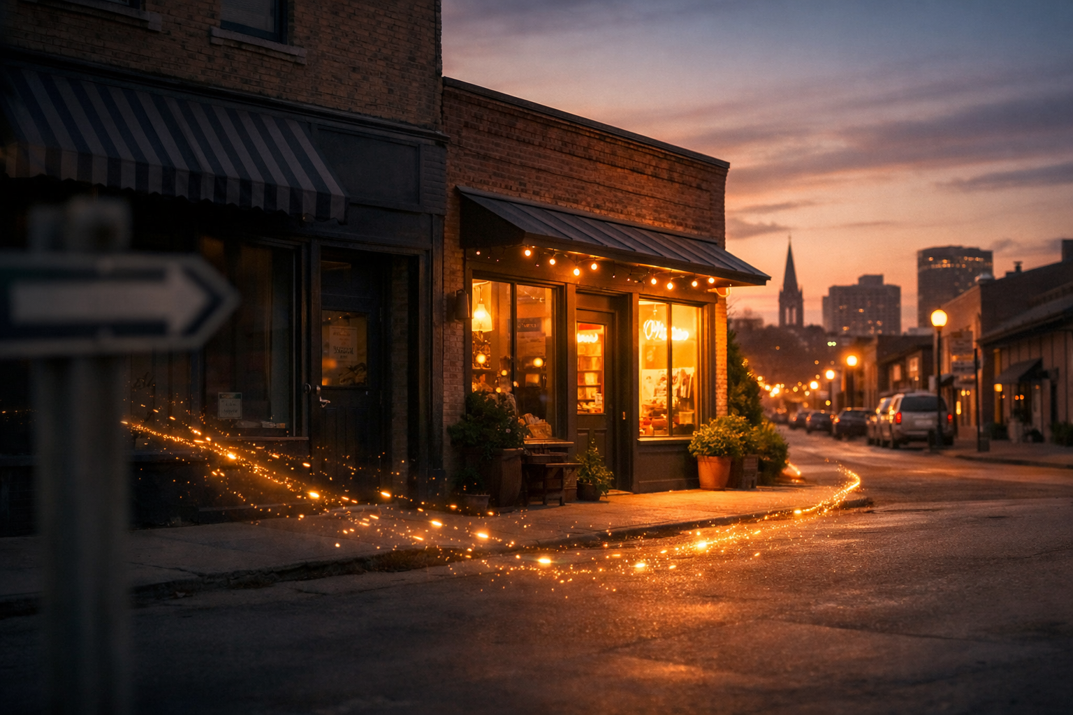 Dayton Small Business Local SEO and Online Visibility - Bodin Media - Bodin Media Small business storefront in Dayton at sunset with warm glowing lights and subtle light trail representing local SEO and online visibility