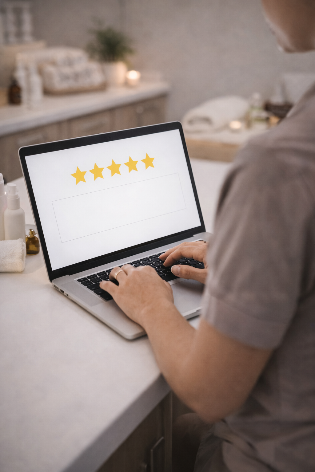 Small business spa owner typing on a laptop with a five star rating displayed on screen, representing customer reviews and website help results