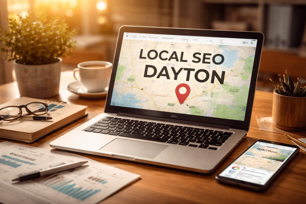Laptop showing a map with location pin on a warm desk workspace representing local SEO Dayton and small business visibility
