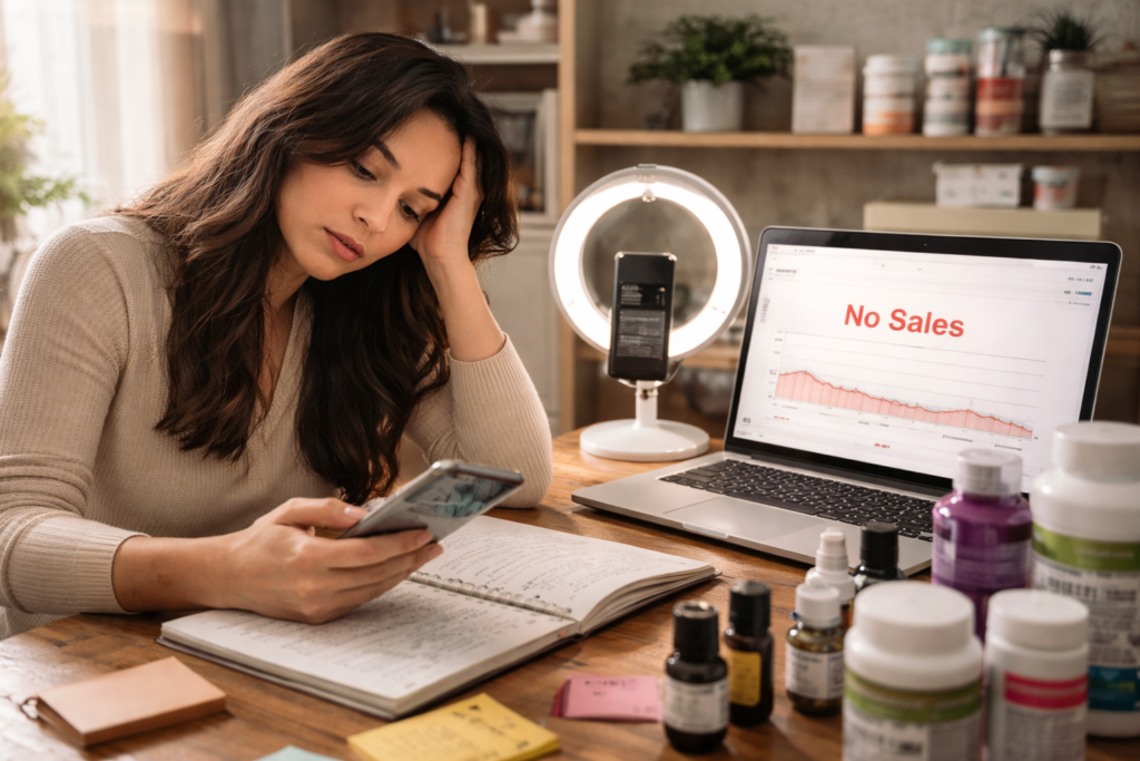 Small business owner working from home looking frustrated at low sales while using social media and a laptop